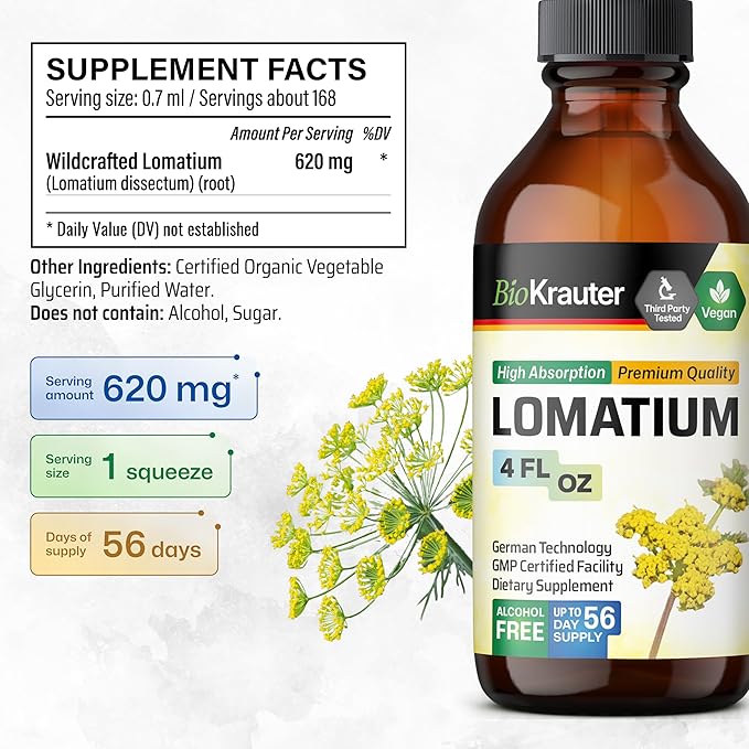 BIO KRAUTER Lomatium Tincture - Immune and Lung Support Supplement - Alcohol and Sugar Free Vegan Lomatium Root Tincture - 4 Fl.Oz.