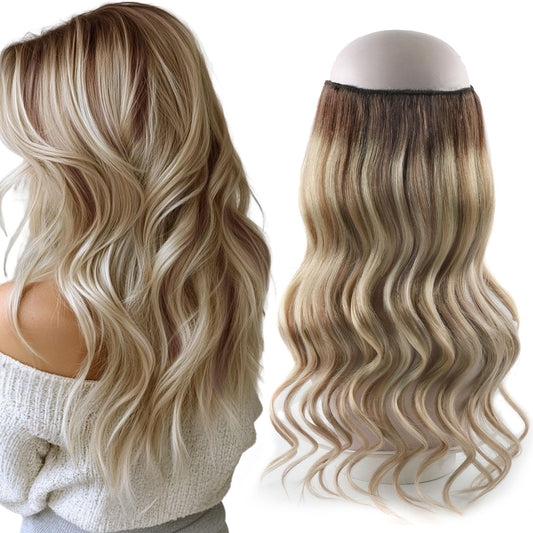 Sassina Invisible Wire Hair Extensions Real Human Hair with Transparent Wire Adjustable Size Secure Clips Natural Straight Secret Miracle Hairpiece, Rooted Highlight RP3-8/61312 Inch 70 Gram