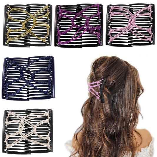 5 Pieces Stretchy Magic Adjustable Elastic Hair Comb Clips & Pins - No Crease Vintage Bun Makers for Women Girls, Curly Thick Wavy Ponytail Hair Accessories