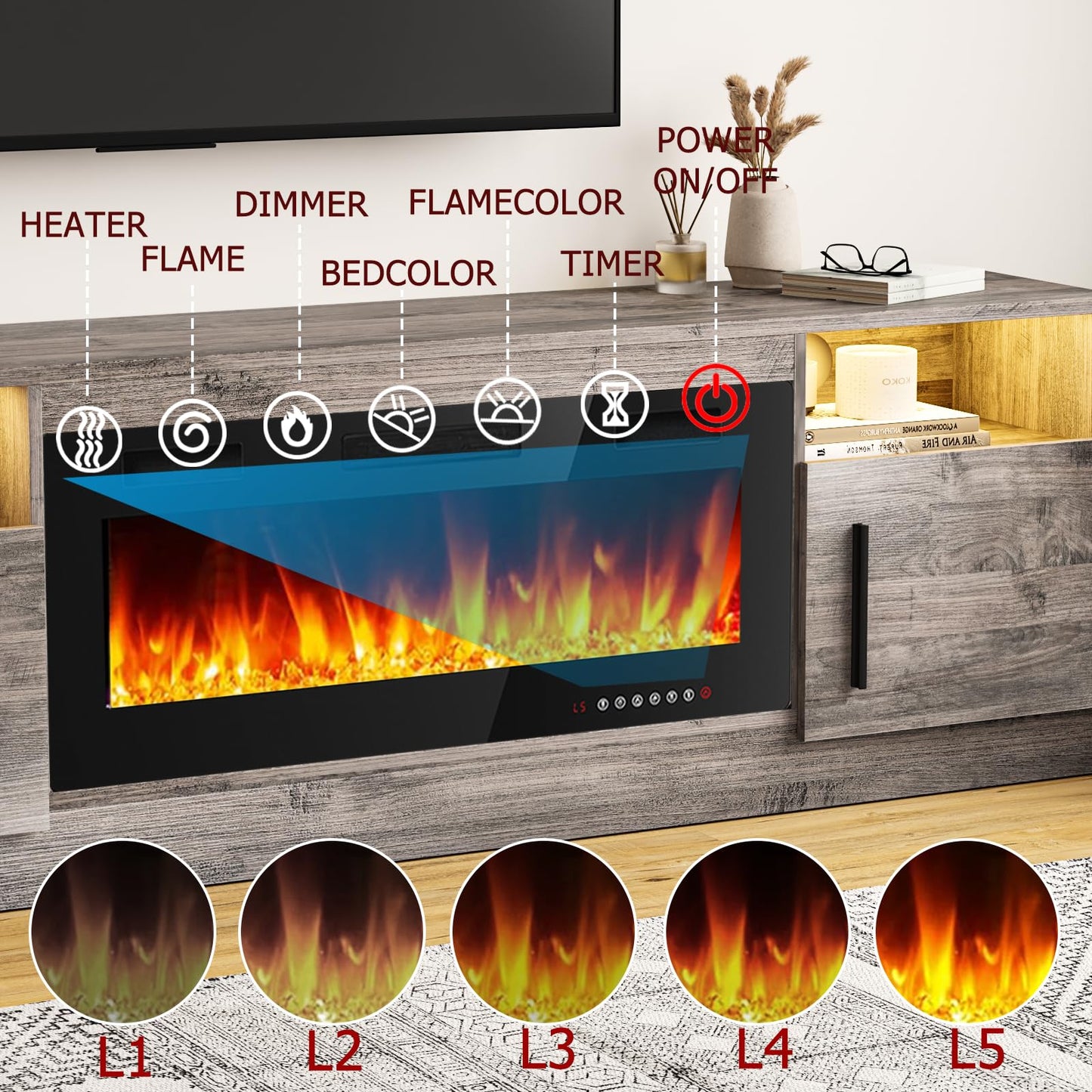 Tavata Fireplace TV Stand Entertainment Center with 36" Fireplace, 70" Wooden TV Stand for TVs Up to 80",Media TV Console with High Gloss Storage Cabinet and 16 Colors LED Lights (Gray)