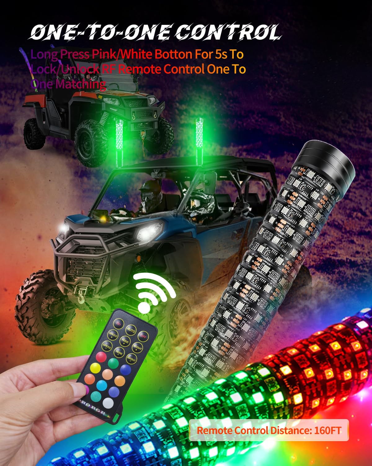 2FT Fat Spiral LED Whip Lights with Remote and APP Control, 300 Colors & 200 Modes RGB Chasing/Dancing Lighted Thick Antenna Applicable for RZR Can-Am Polaris UTV ATV Pickup Trucks, 2PCS (PRO, 2FT)