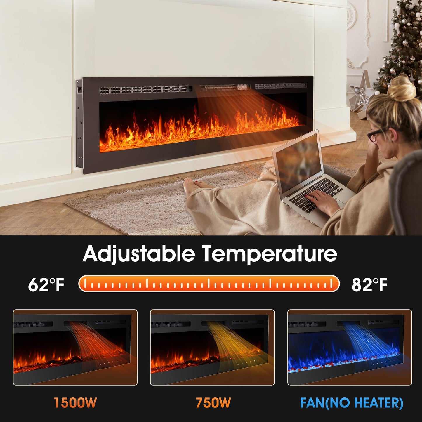 Anpuce 80 inch Ultra-Thin Electric Fireplace Recessed and Wall Mounted with Touch Screen Control Panel/Remote Control- Timer,Realistic 5 Flame - Log & Crystal Hearth Options