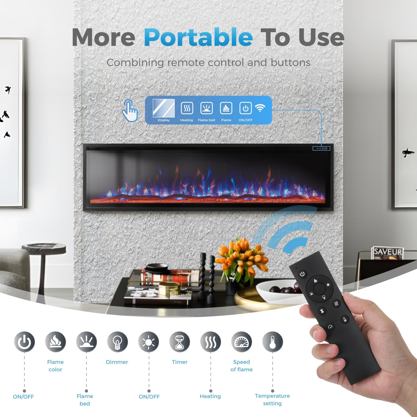 GREEN PARTY 72" Electric Fireplace Recessed/Wall Mounted Ultra Slim Frame Fireplace Heater with Log & Crystal Options, 750W/1500W, Adjustable Flame Bed Colors, Speed, Timer, Temperature (60.8℉-86℉)