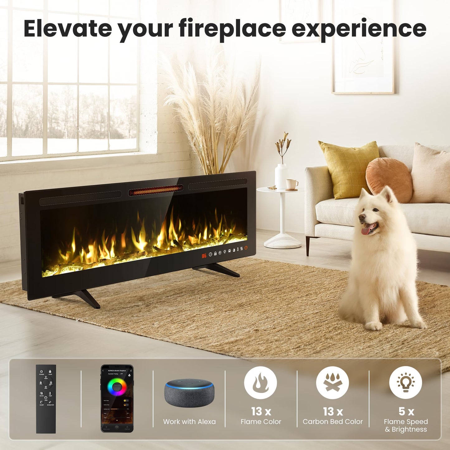 ALPACA 36'' Smart WiFi Electric Fireplace Recessed, Wall Mounted and Freestanding Linear Fireplace, Compatible with Alexa and Smart APP Control,13 Adjustable Flame Color and 5 Brightness, 750W/1500W