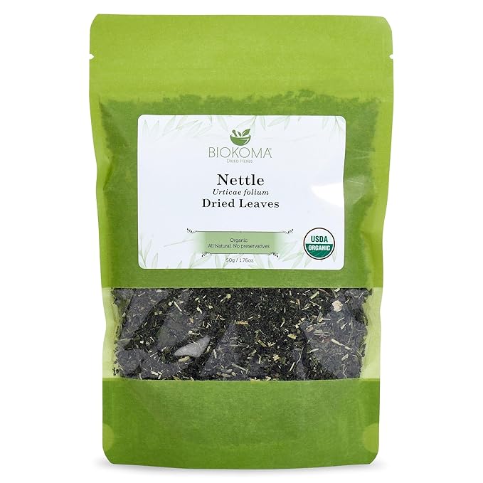 Biokoma Pure and Organic Nettle Dried Leaves 50g (1.76oz) in Resealable Moisture Proof Pouch, USDA Certified Organic - Herbal Tea, No Additives, No Preservatives, No GMO, Kosher