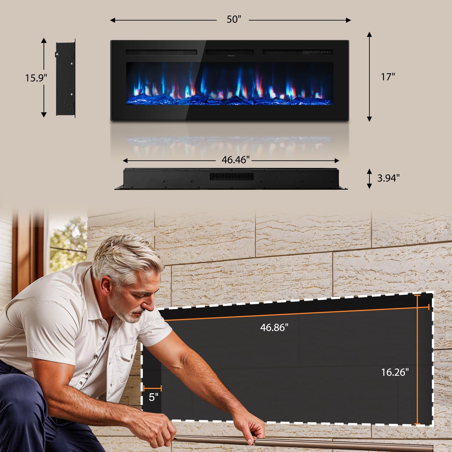 Manastin 50 inch Electric Fireplace in-Wall Recessed and Wall Mounted with Remote Control, 1500/750W Fireplace Heater (60-99°F Thermostat) with 12 Adjustable Color, Timer, Log and Crystal