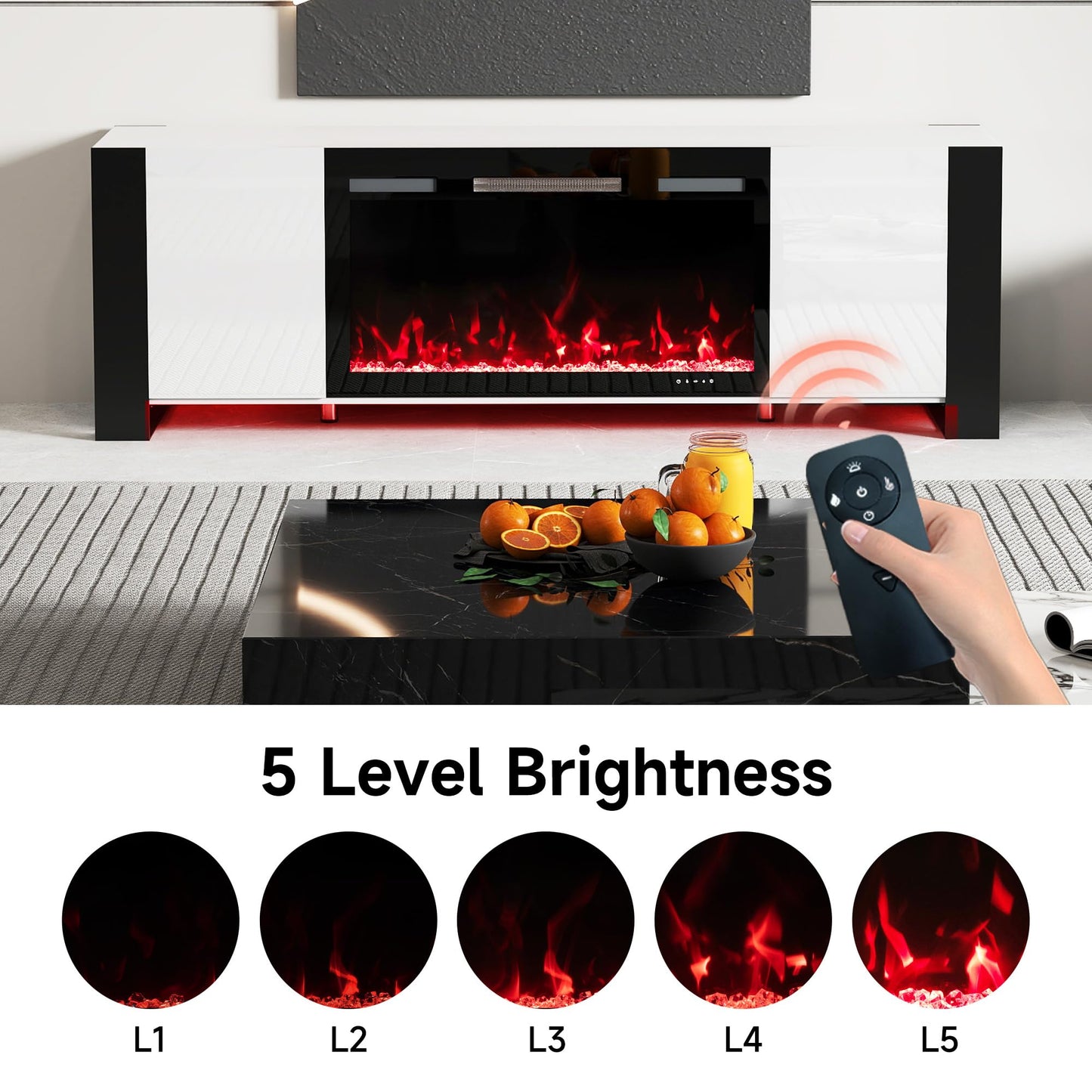 Real Relax 70" U-Shaped Leg TV Stand with 36" Electric Fireplace, High Gloss Finish Entertainment Center for TVs Up to 80", TV Console Cabinet for Living Room, White