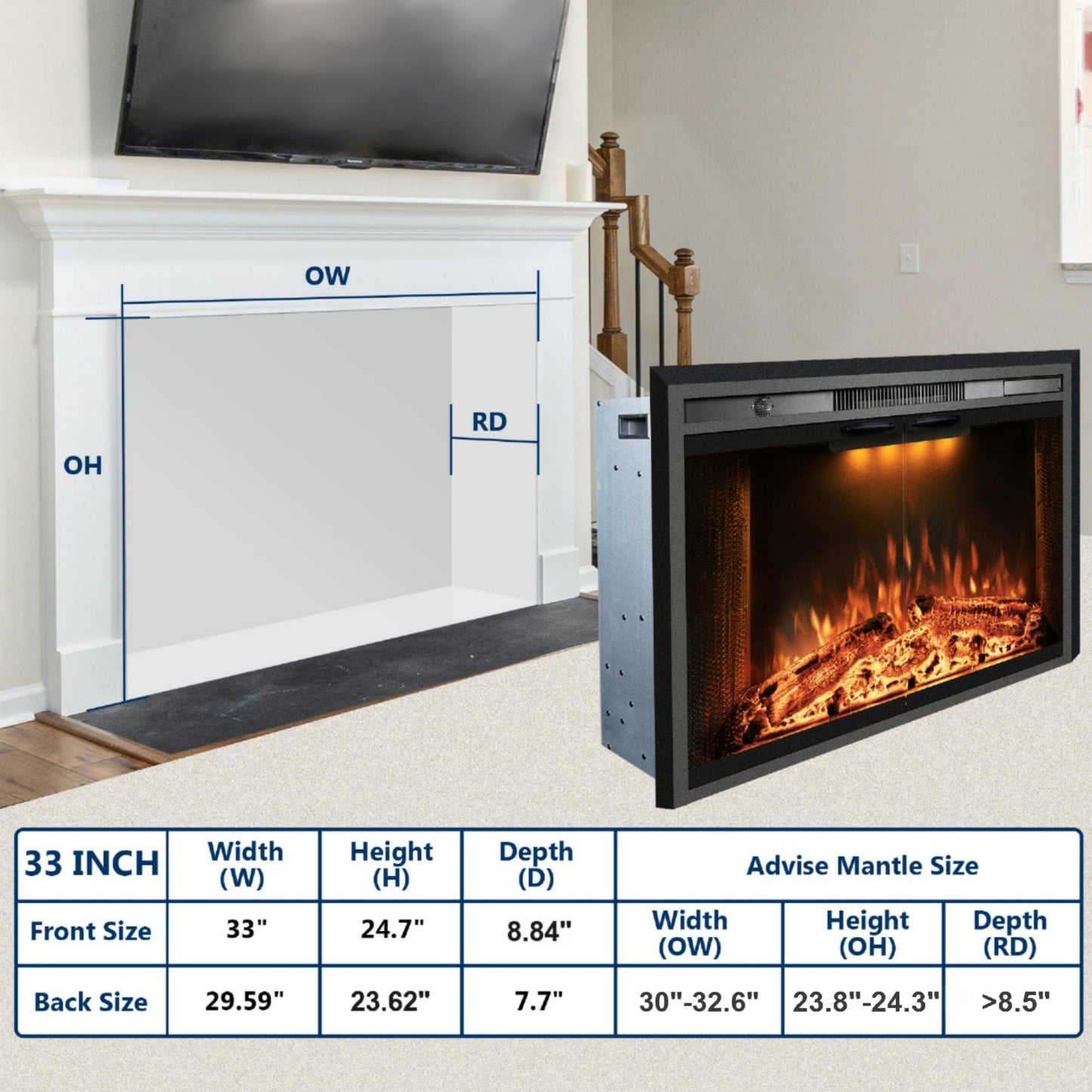 Velaychimney 33 Inches Electric Fireplace Insert, 750W/1500W Fireplace Heater with Adjustable Flame and Top Light Colors, Fire Crackling Sound, Remote Control, Timer, Glass Door & Mesh Screen, Black