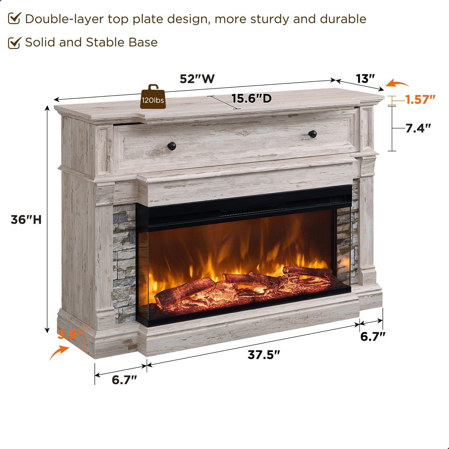 RedLemon Electric Fireplace with Mantel, 3-Sided Glass Farmhouse TV Stand with Fireplace for TVs up to 65", 52" Media Entertainment Center Console with Storage for Living Room, Antique Brush White