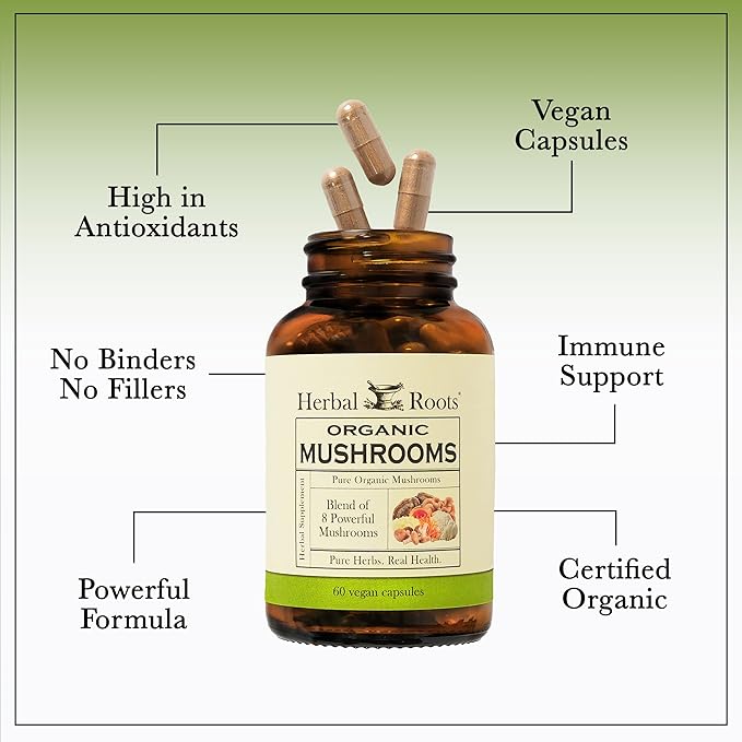 Herbal Roots Mushroom Supplement Capsules | Blend of 8 Organic Mushrooms | Turkey Tail, Lion’s Mane, Shiitake, Cordyceps, Reishi, Chaga, Maitake, Snow | 60 Vegan Capsules