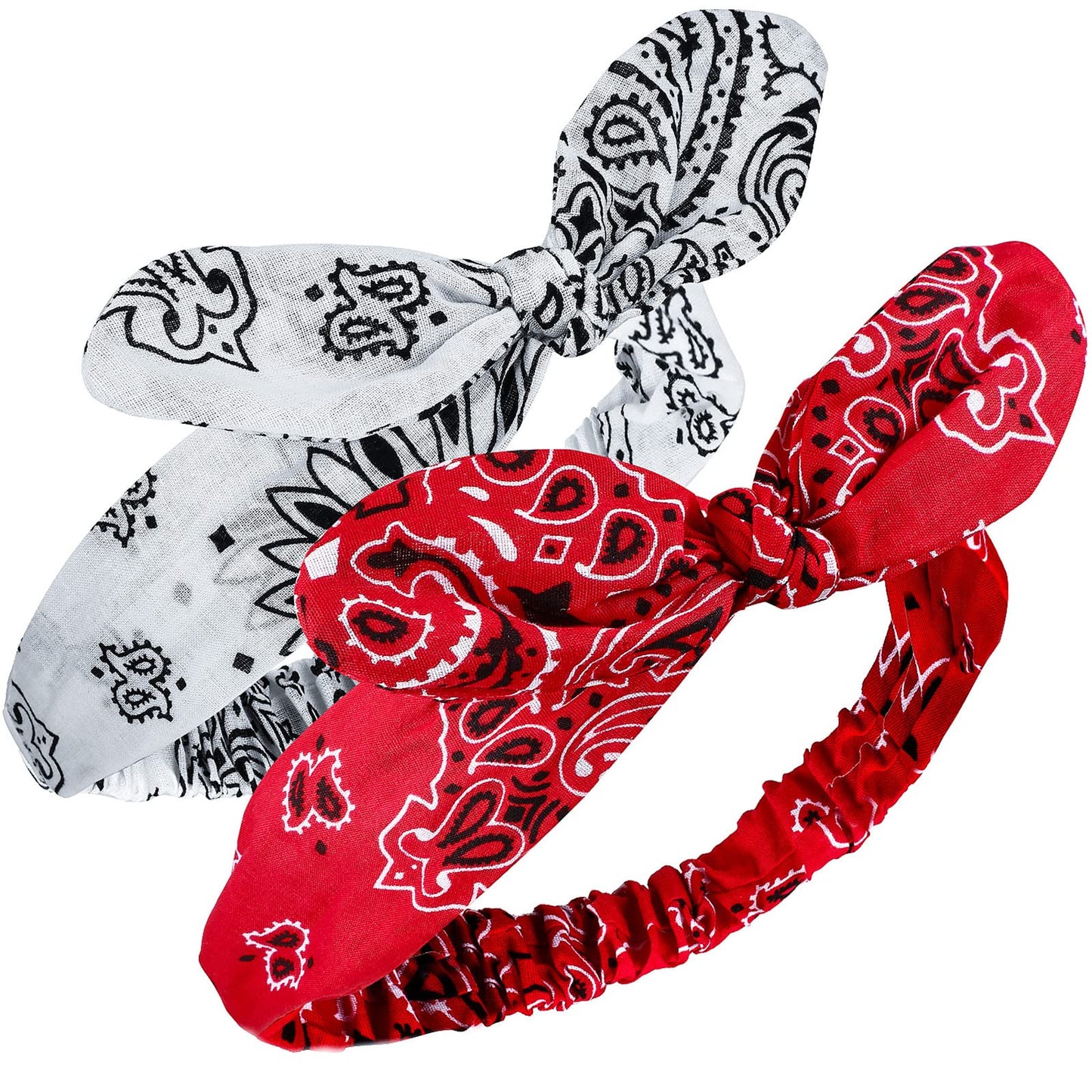 Hicarer 2 Pieces Bandana Headband for Women, Knot Retro Print Bandana Paisley Print Headband Adjustable Headwrap(Red, White)