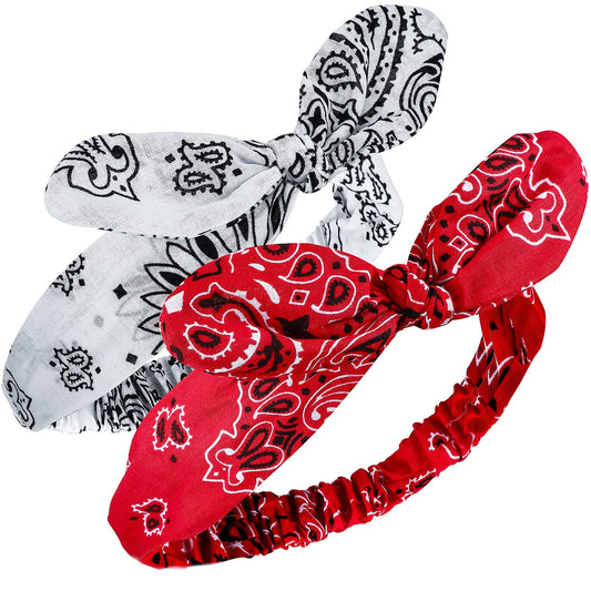 Hicarer 2 Pieces Bandana Headband for Women, Knot Retro Print Bandana Paisley Print Headband Adjustable Headwrap(Red, White)