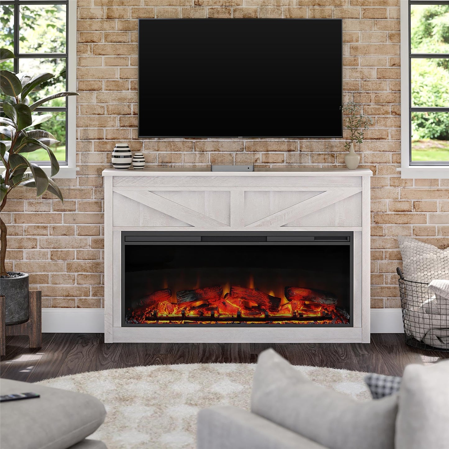 Ameriwood Home Farmington 49 Inch Electric Fireplace with Mantel, Replaceable Fireplace Insert Heater. Remote Control, Timer, Realistic Log and Flame Effect, Ivory Oak