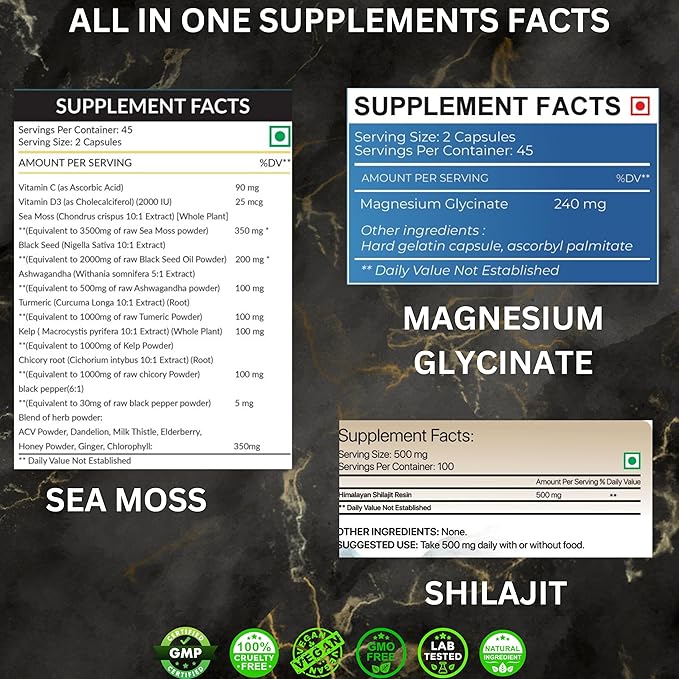 3 in 1 Pure Shilajit Resin Irish Sea Moss with Black Seed Oil and Magnesium Glycinate for Ultimate Gut Health and Vitality 90 Pills Each