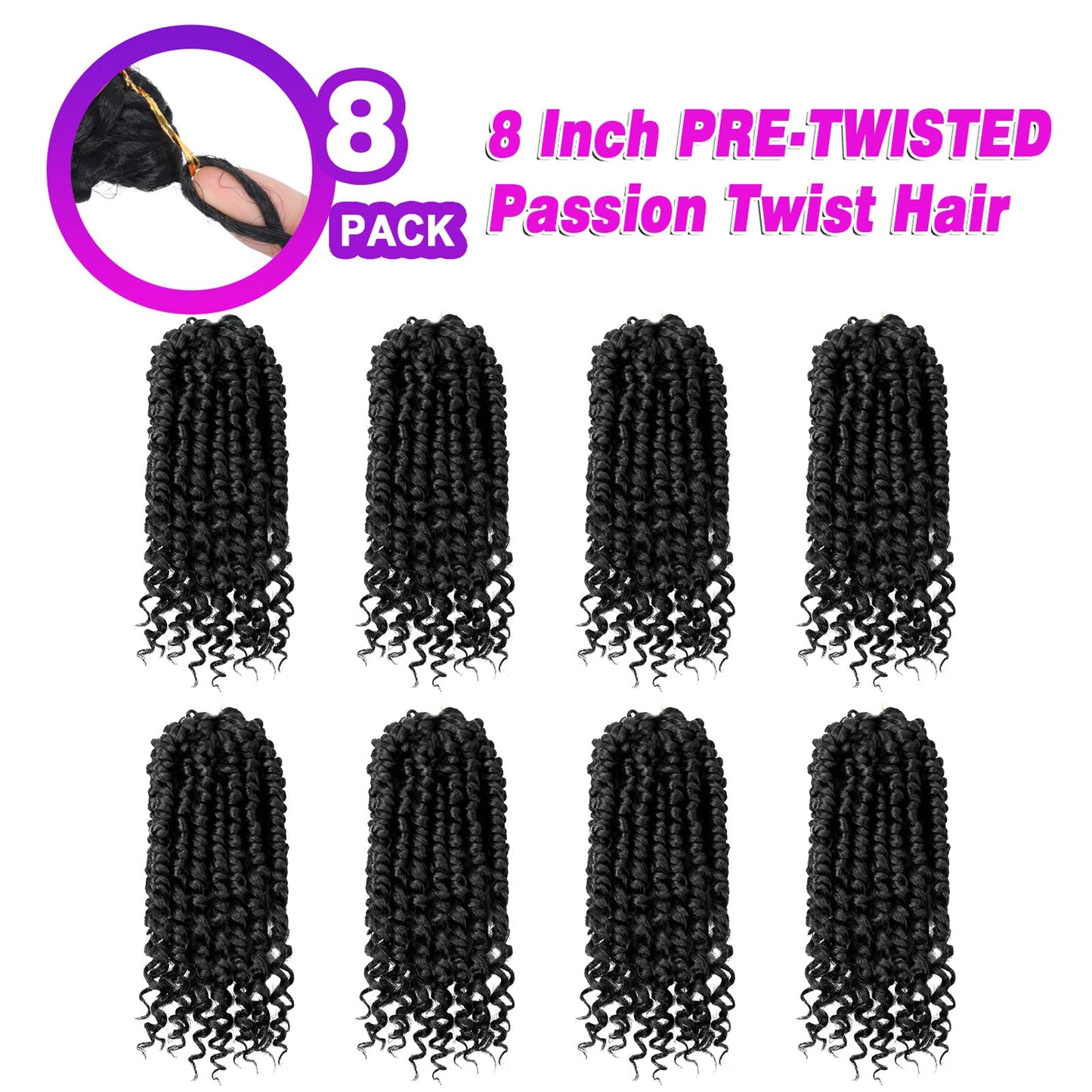 Bileaf 8 Packs Passion Twist Crochet Hair for Women Pre Looped Passion Twist Hair 8 Inch, Pre-Twisted Crochet Passion Twists Bohemian Braiding Crochet Twist Hair for Kids Hair Extensions #1