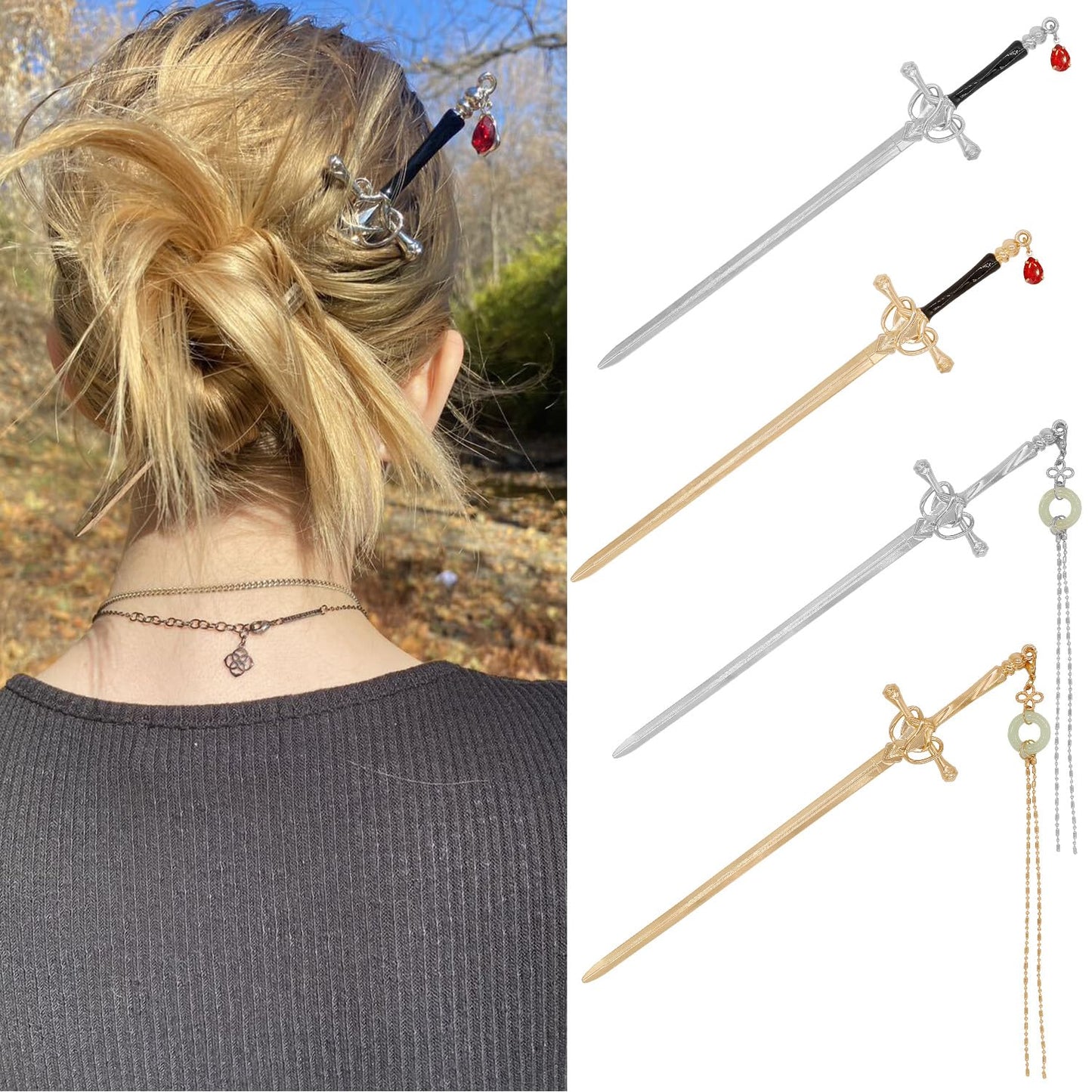 4Pcs Sword Hair Stick Retro Metal Hair Sticks Ancient Style Swords Hair Chopsticks for Women and Men, Chinese Hair Pins Hair Sticks Hair Daggers with Tassels for Hair Accessories