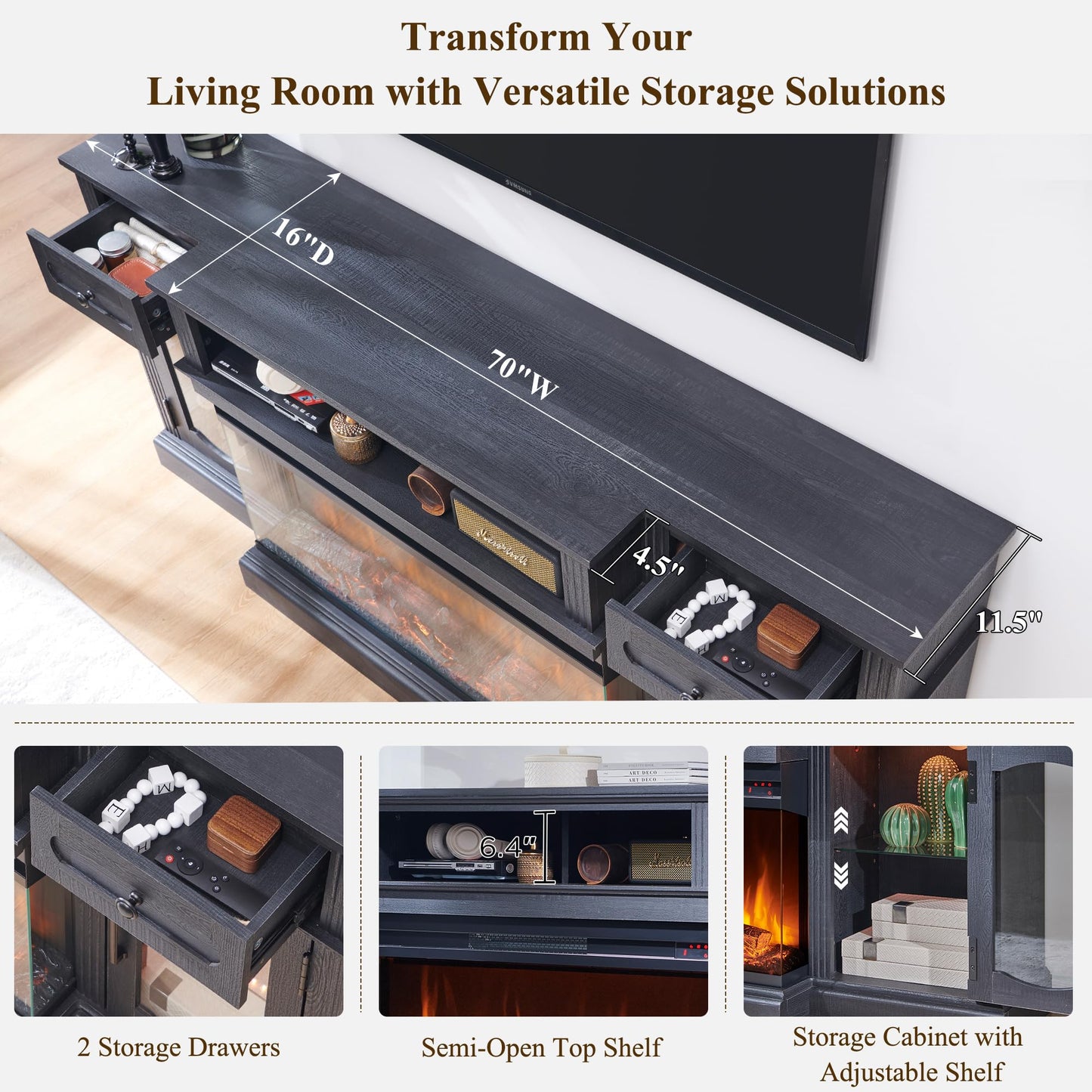 Farmhouse Electric Fireplace TV Stand for TVs up to 80", Entertainment Center with 36" 3-Sided Glass Electric Fireplace & LED Lights, 70-inch TV Console for Living Room, Black