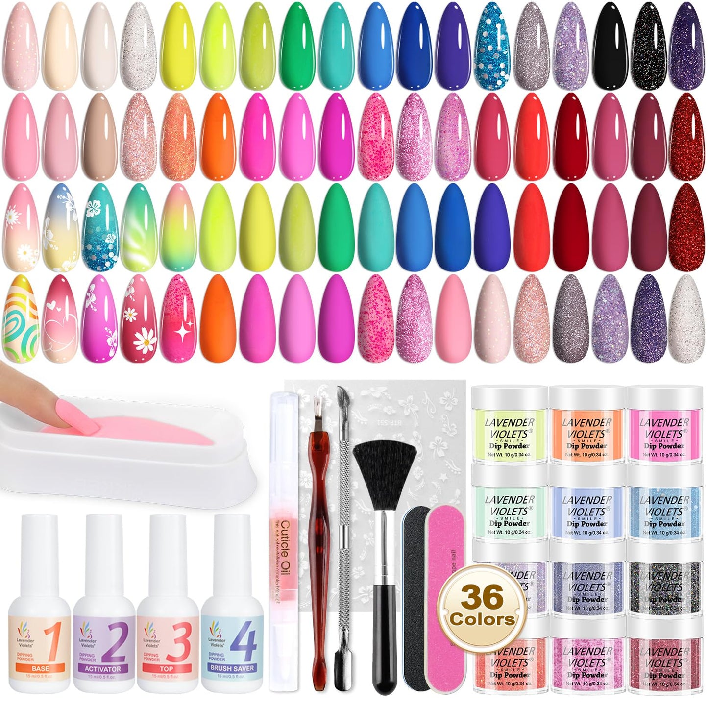 Lavender Violets 48 Pcs Dip Powder Nail Kit Starter, 36 Colors Pink Red Yellow Green Blue with Dip Powder Liquid Set and Essential Manicure Tools for Nail Art Designs B950