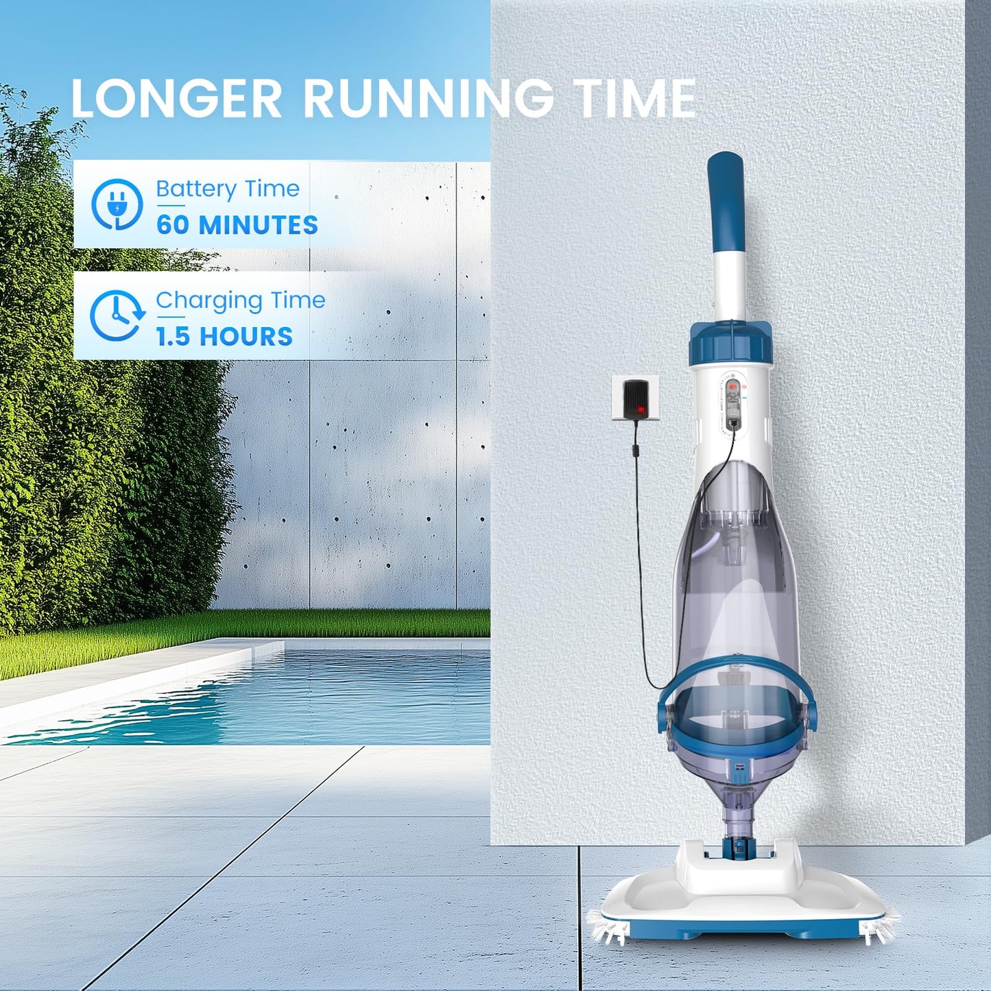ENHULK Pool Vacuum for Above Ground Pools, 2025 Upgraded 13.4" Wide Head & Telescopic Pole, 18.5 GPM Suction, 60 Min Runtime, Cordless Handheld Rechargeable Pool Cleaner for Inground Pools (Blue)