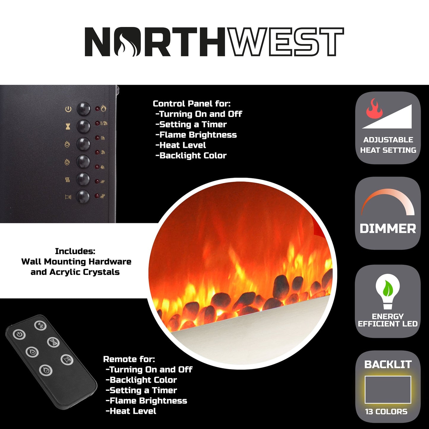 Electric Fireplace - 30 Inch Wall Mounted Fireplace - 13 Backlight Colors and Remote Controlled LED Flames, Heat, and Brightness by Northwest (Silver)
