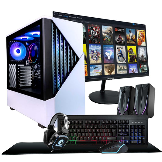Periphio Gaming PC Battlestation, AMD Ryzen 5 with Vega 7 Graphics, 32GB RAM, 1TB NVMe, with Monitor, RGB Keyboard, Mouse, Headset, Speakers & XXL Mousepad - Prebuilt for PC Gaming, Media & Streaming