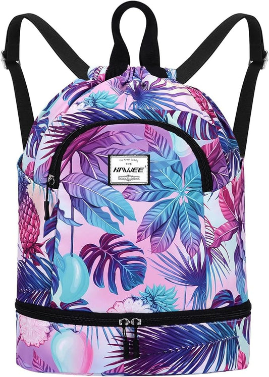 Dry Wet Drawstring Backpack with Shoe Compartment for Women Adjustable Gym Bag