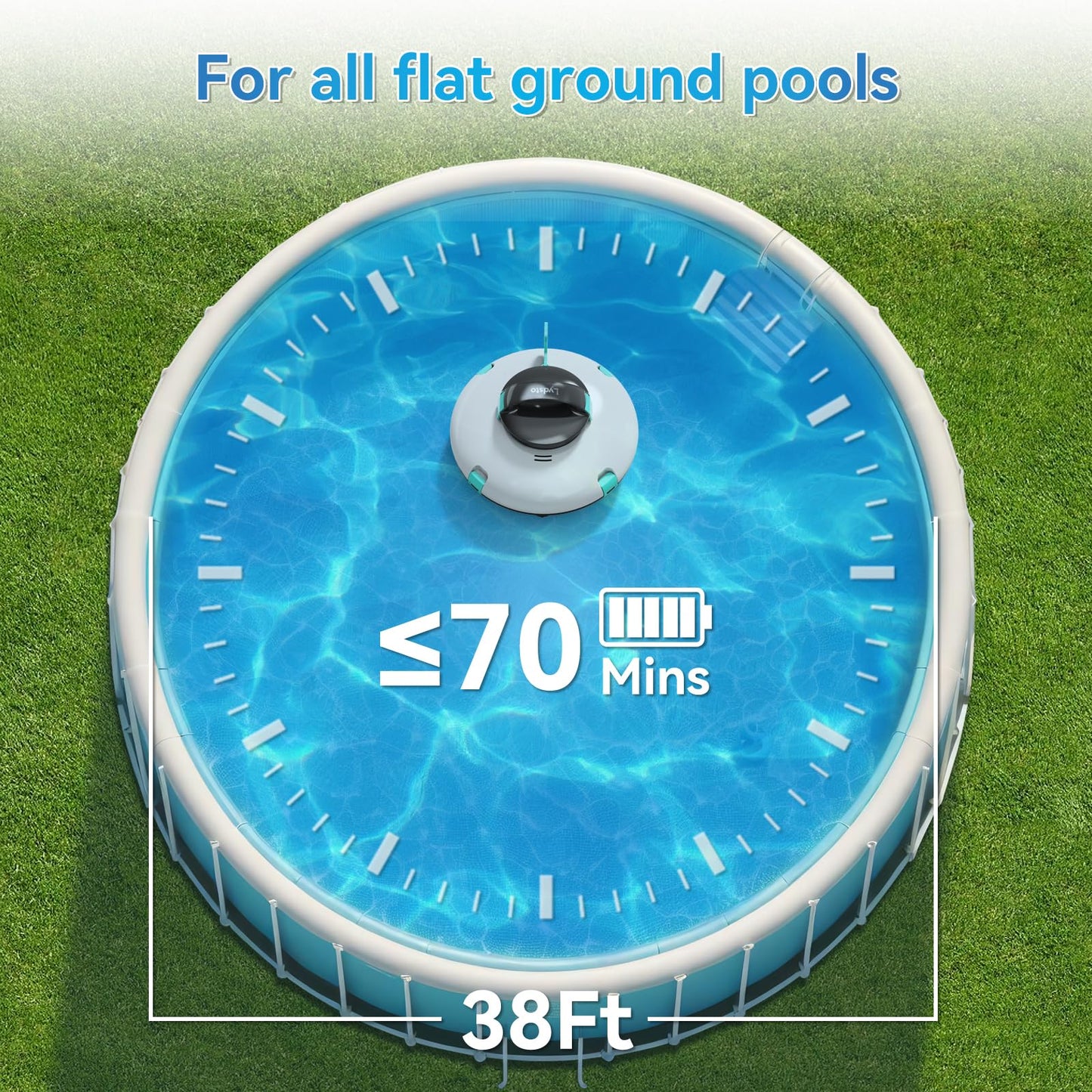 Cordless Robotic Pool Cleaner, Automatic Above Ground Pool Vacuum with 70 Mins Runtime, 15KPa Powerful Suction, Self-Parking, Lightweight, Ideal for Above-Ground Flat Pools up to 38 Feet, Green
