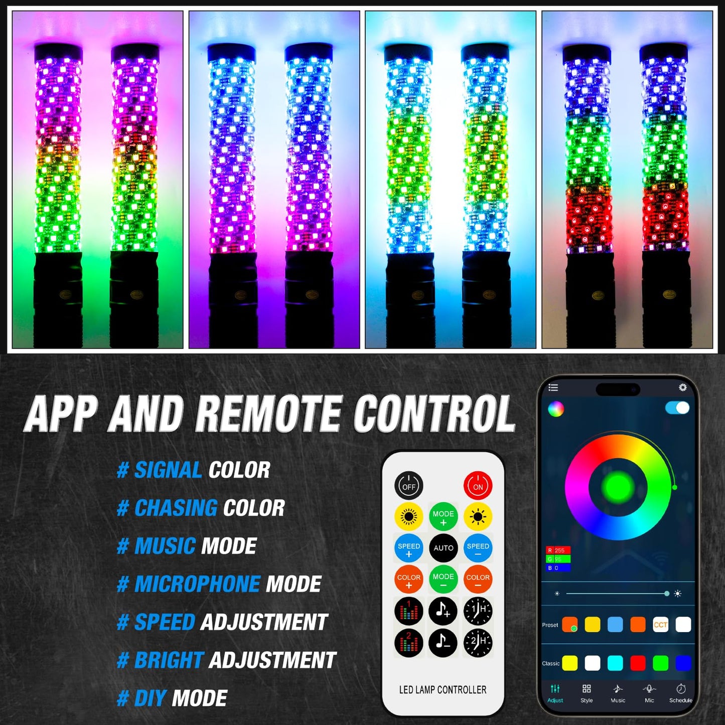 goodfitment 2 Pcs 1FT Thick Whip Lights, LED Whip Light with Brake Turn Signal by App & Remote Control, Spiral RGB Chasing Whips, Music Whip Light Compatible with UTV ATV RZR Can-Am SXS