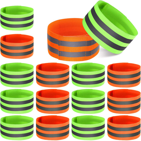 16 Pieces Reflective Bands Reflector Bands for Wrist, Arm, Ankle, Leg, High Visibility Reflective Gear Safety Reflector Tape Straps for Night Walking, Cycling and Running (Green, Orange)