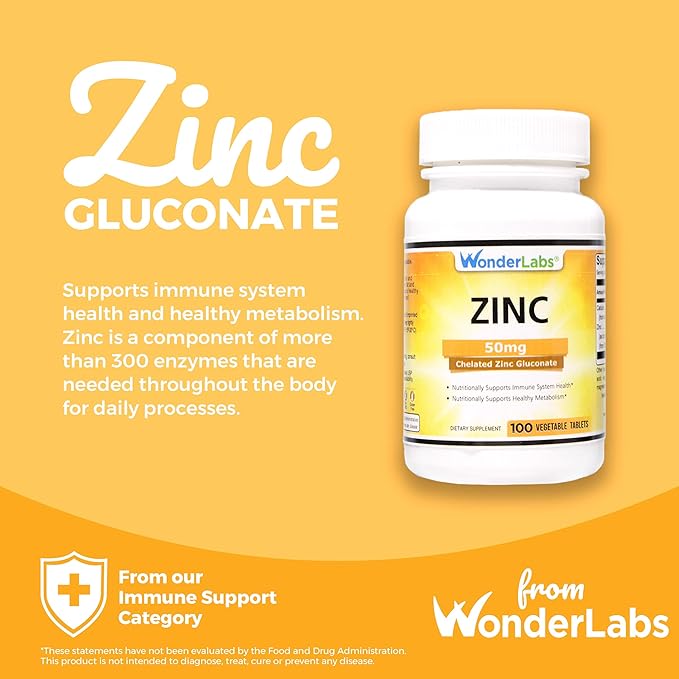 Chelated Zinc Gluconate 50 mg - Supports Healthy Skin, Immune System, Cell Growth, and More - 100 Vegetarian Tablets
