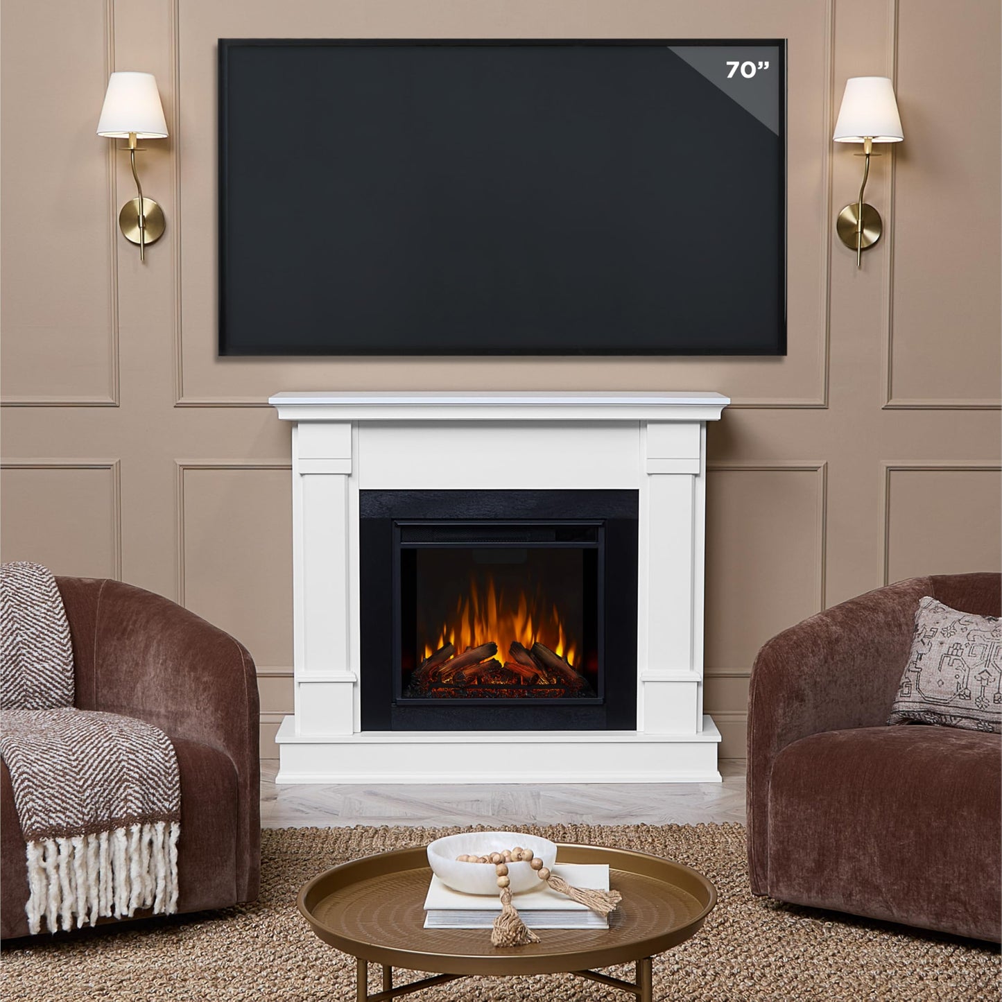 Real Flame Silverton 48” Electric Fireplace with Mantel for Living Room or Bedroom, Replaceable Fireplace Insert Heater, Realistic Log and Flame Effect, Remote Control, Timer, White