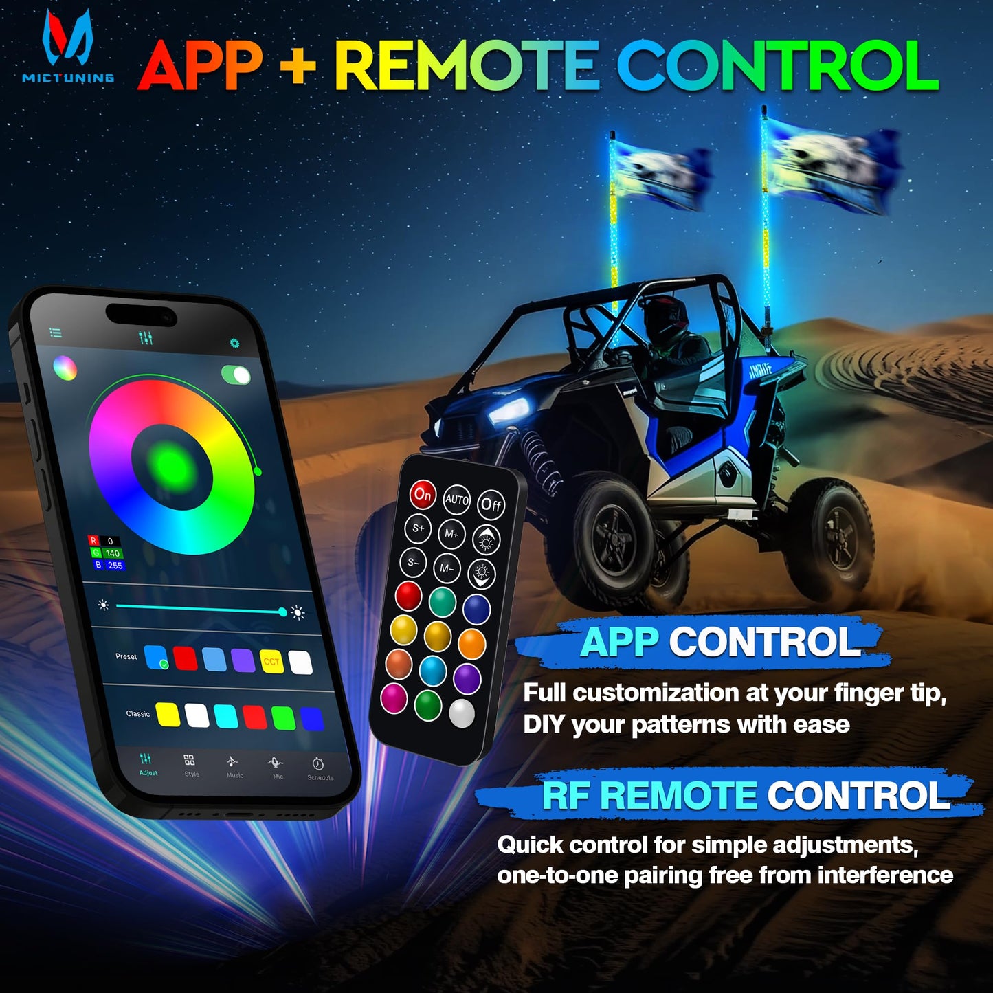 MICTUNING 2pc 3ft Spiral LED Whip Lights with 8 Flags, RF Remote and App Control, RGB Chasing Lighted with Rocker Switch, Music Synced Whips Lights Kit for UTV ATV Polaris RZR Can-Am