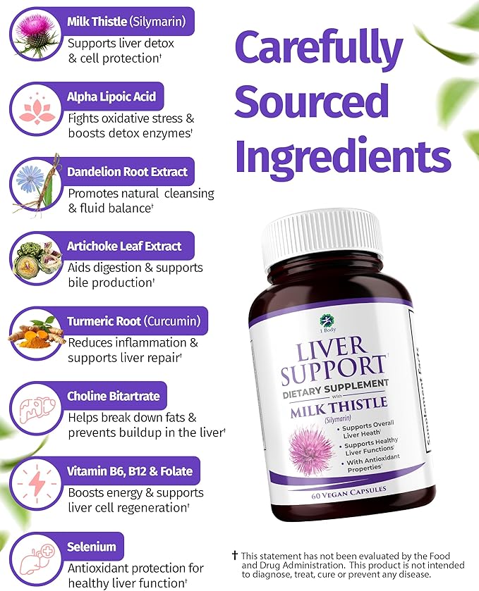 1 Body Liver Support Supplement with Milk Thistle, Turmeric, Dandelion, Artichoke, B12, 60 Vegan Silymarin Capsules