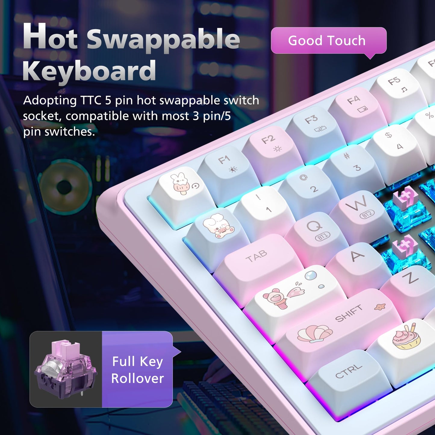 FOPATO H98 Gaming Keyboard, 98% Hot Swappable Gasket Structure 3-Mode Mechanical Keyboard, 96 Keys Full Key Rollover Bluetooth Wireless Keyboard with RGB, PBT Keycaps, Screen for Windows Mac (Pink)