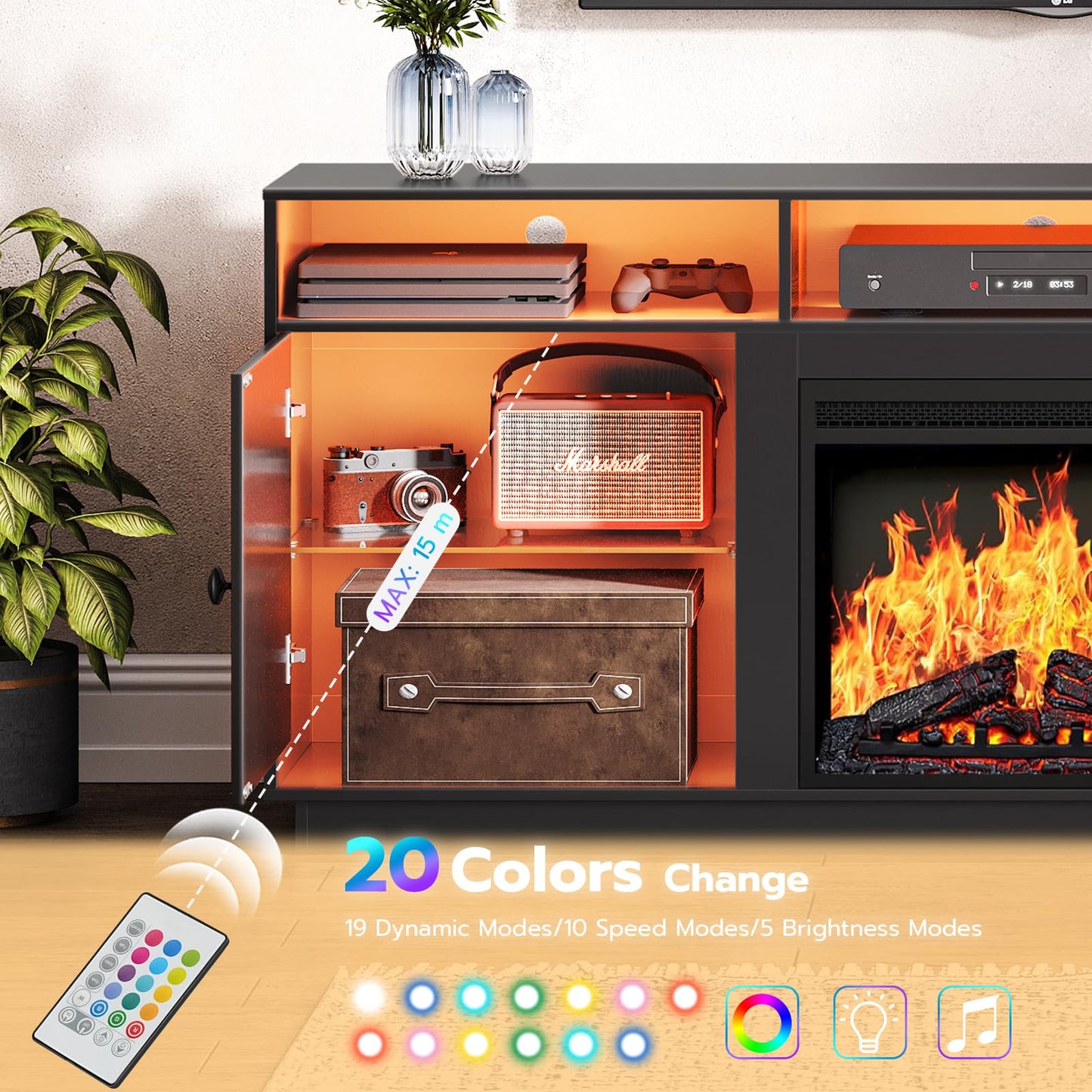 HOOBRO Electric Fireplace TV Stand with Charging Station and LED Lights, Black TV Stand with Fireplace for 32" 43" 50" 55" 65", Entertainment Center with Adjustable Glass Shelves, Black BK88UDDS01