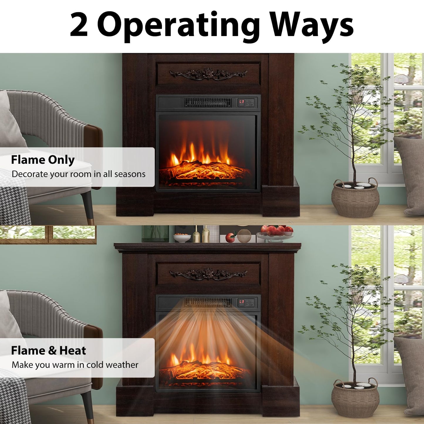 COSTWAY 32-inch Electric Fireplace with Mantel, 1400W Freestanding Fireplace Heater with Remote Control, Thermostat, 6H Timer, Adjustable 3D Flame Effect, Fireplace Mantel for Living Room, Brown
