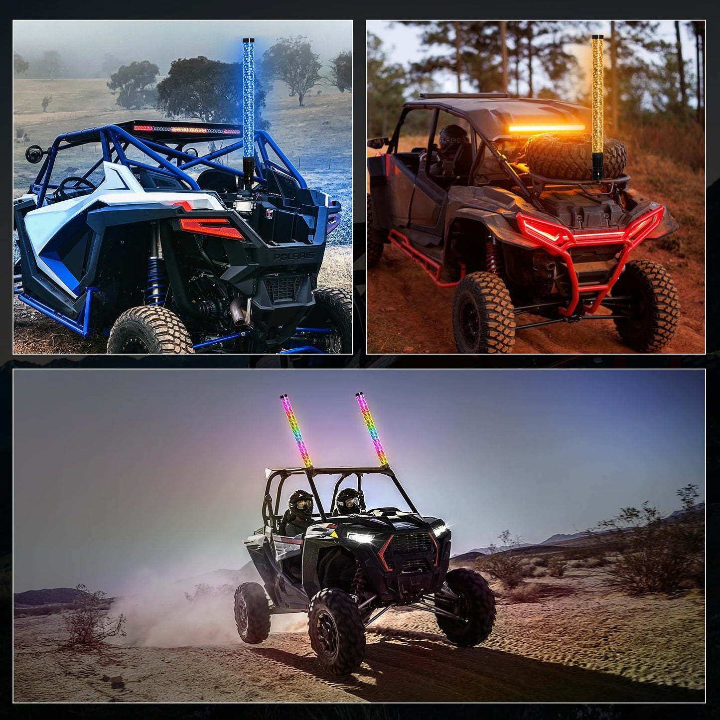 2PCS 2FT Fat Whip Lights with Function-Remote&APP Control Compatible with UTV ATV RZR Polaris Buggy Offroad Truck Accessories RGB Chasing Dancing Lighted Antenna Whips