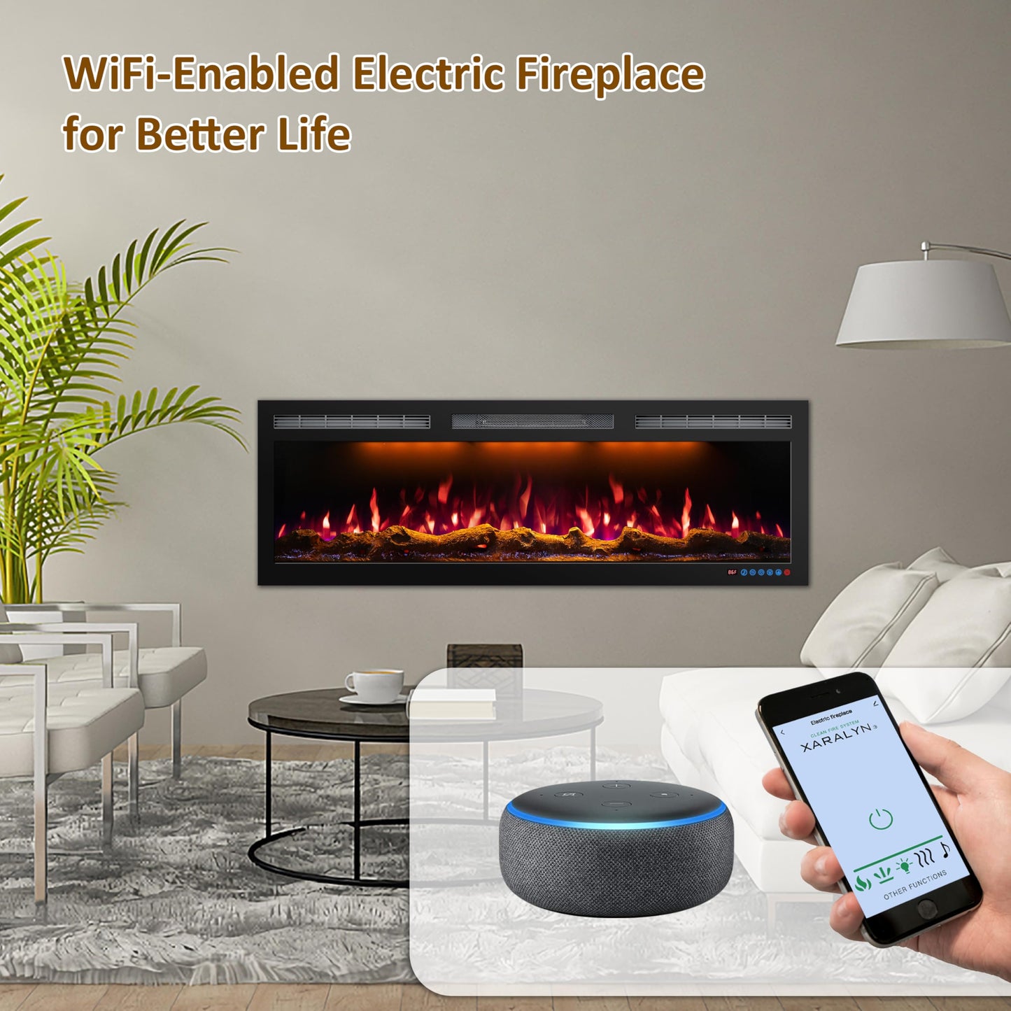 Mystflame 95 Inch WiFi-Enabled Electric Fireplace Inserts & Wall Mounted, Slim Electric Fireplace Heater, 750/1500w, Adjustable Flame Color, Remote Control & Touch Screen, Logs & Crystals, Black