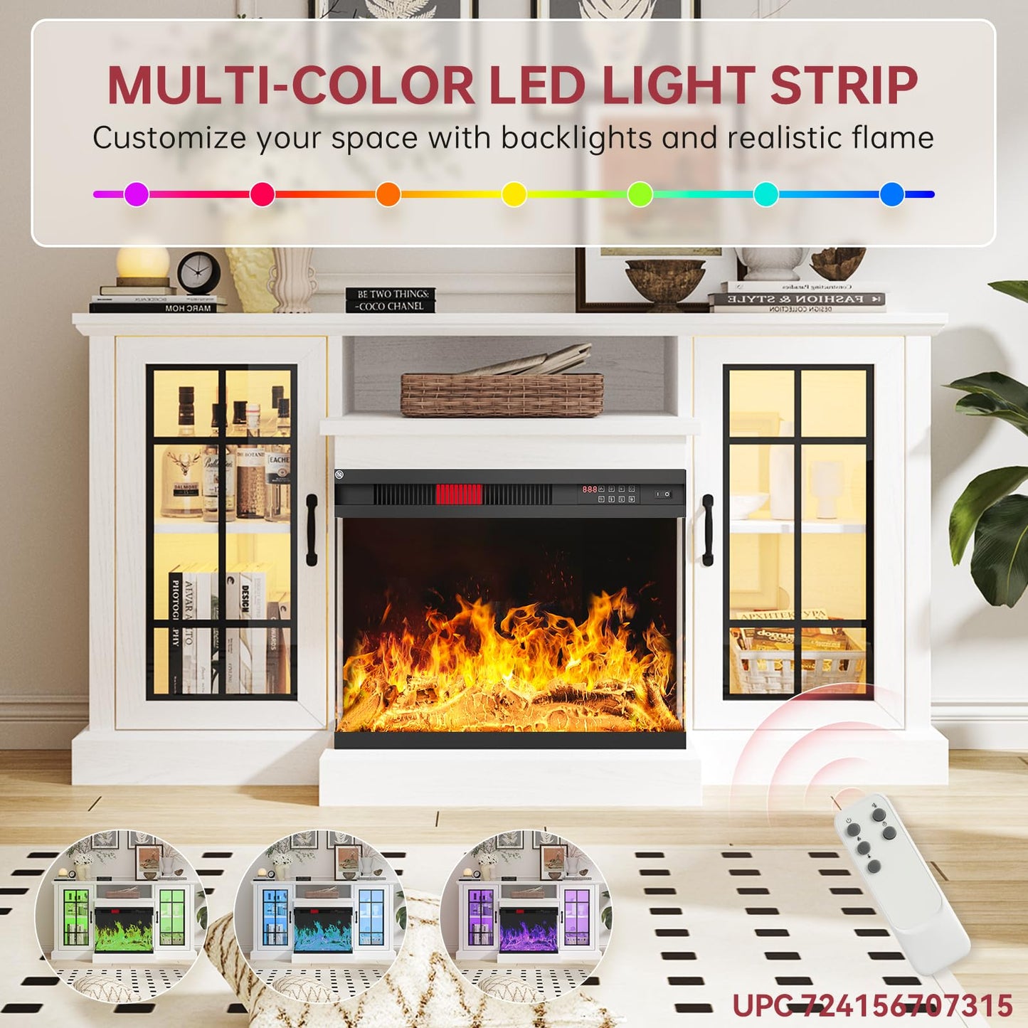 oneinmil 59'' Fireplace TV Stand, 3 Sided Glass Media Entertainment Center Console Table for TVs up to 65'' with Glass Door Adjustable Flame LED Color for Living Room, Set of TV Table, White