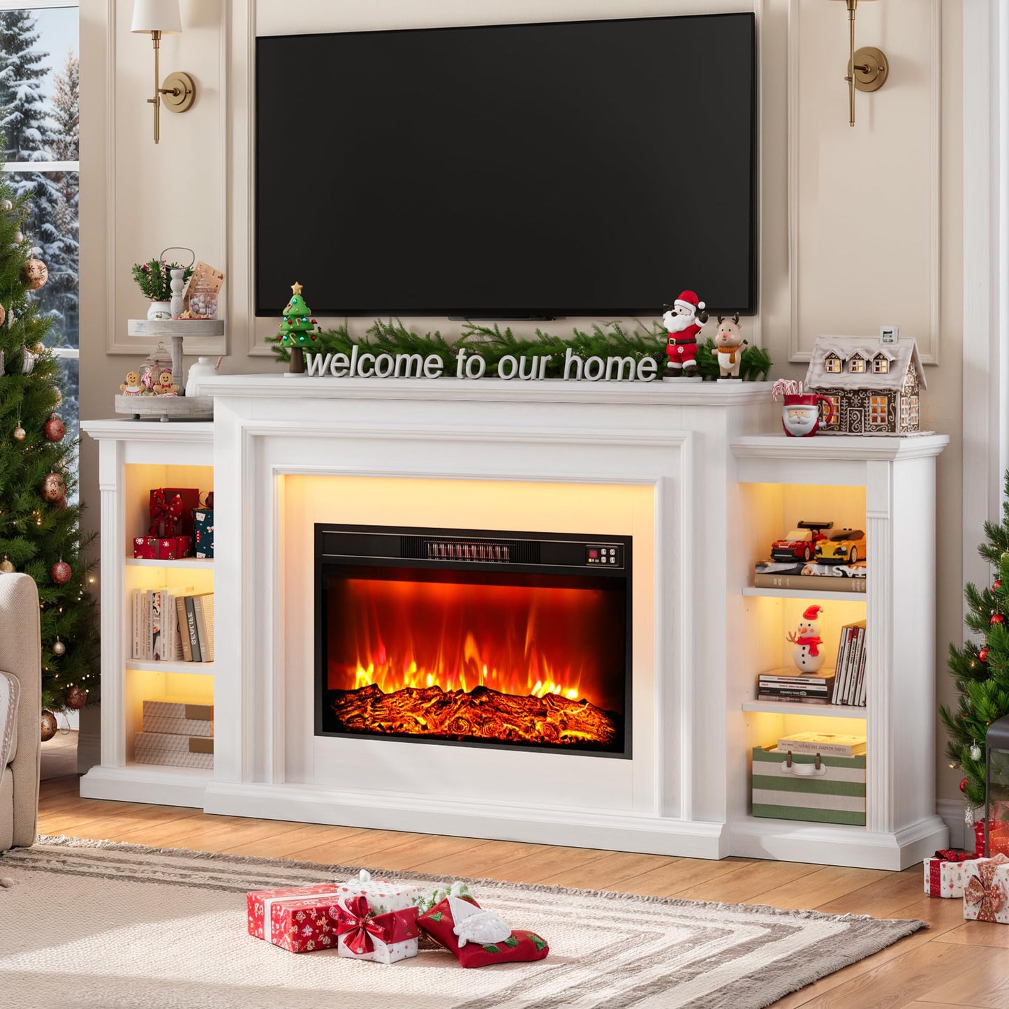 80" Electric Fireplace Entertainment Center with Mantel – Freestanding Heater TV Stand, Adjustable Flame, Remote Control, LED Light, Stylish Storage for Living Room and Bedroom, White