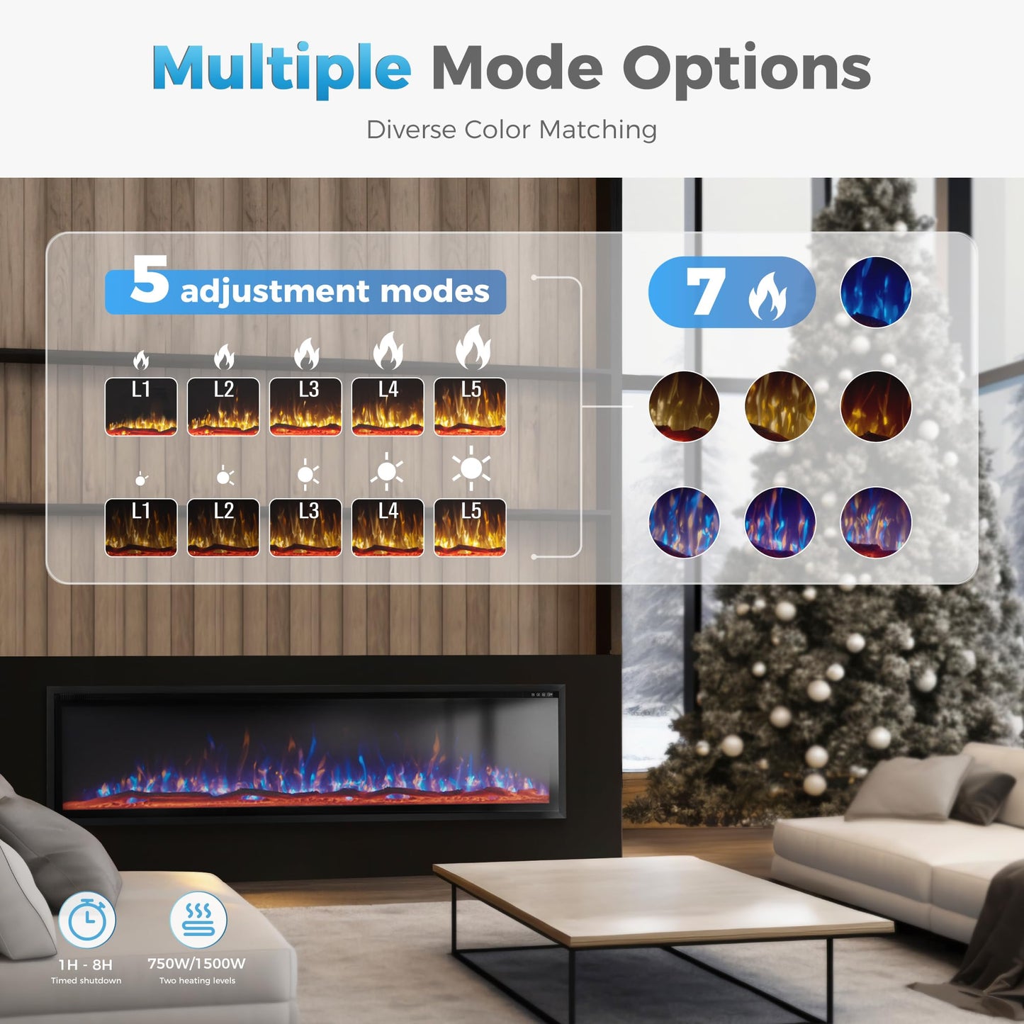 GREEN PARTY 72" Electric Fireplace Recessed/Wall Mounted Ultra Slim Frame Fireplace Heater with Log & Crystal Options, 750W/1500W, Adjustable Flame Bed Colors, Speed, Timer, Temperature (60.8℉-86℉)