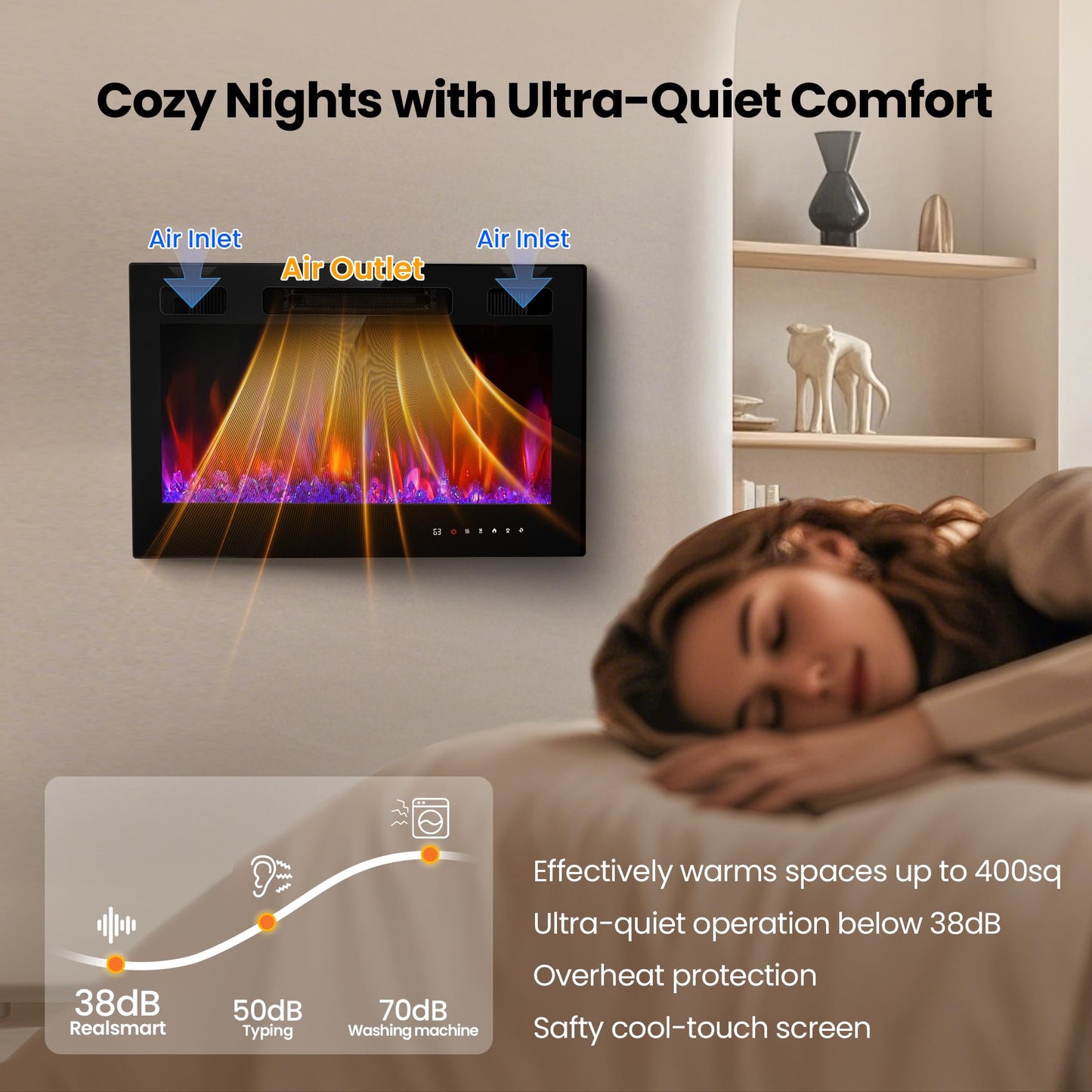 Electric Fireplace Insert 36" Realsmart 1500W Wall Mounted Fireplaces Recessed Heaters Remote Control Slim Black Fireplace Touch Screen Timer 12 Flame Colors LED Decor Low Noise