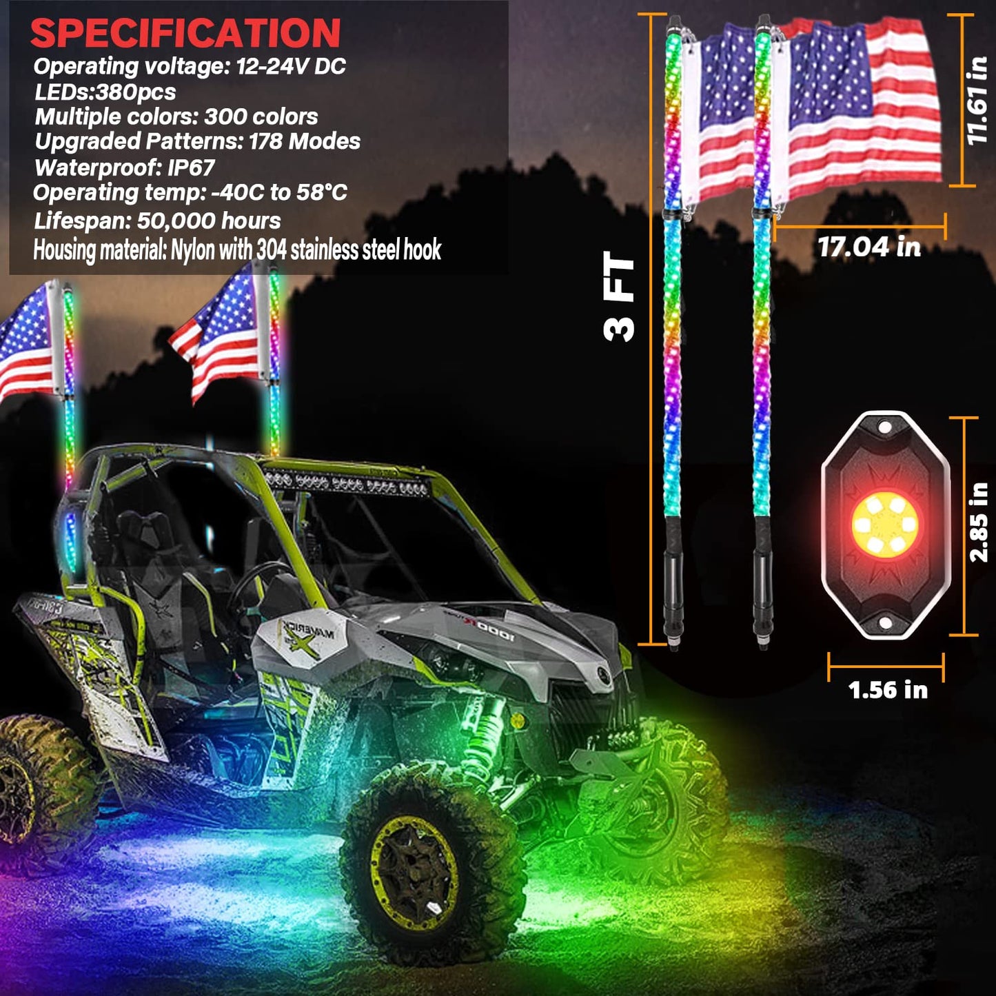 OHMU 2Pcs 3FT Led Whips and 3rd-Gen Rocks Lights Combo Bluetooth and Remote Control,Upgraded Higher Brightness 360° Spiral RGB Chasing Lighted Antenna Whips and Neon Pods