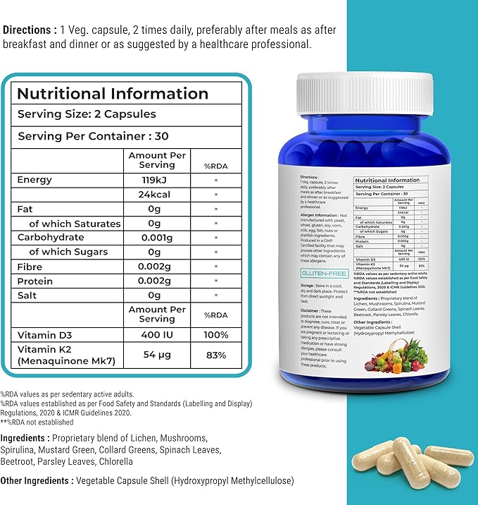 Biovitalia Plant Based Vitamin D3 + K2 60 Capsules for Men & Women | Dietary Supplement | Supports Immune System & Bone Health | Promotes Calcium Absorption - 60 Vegan Capsules