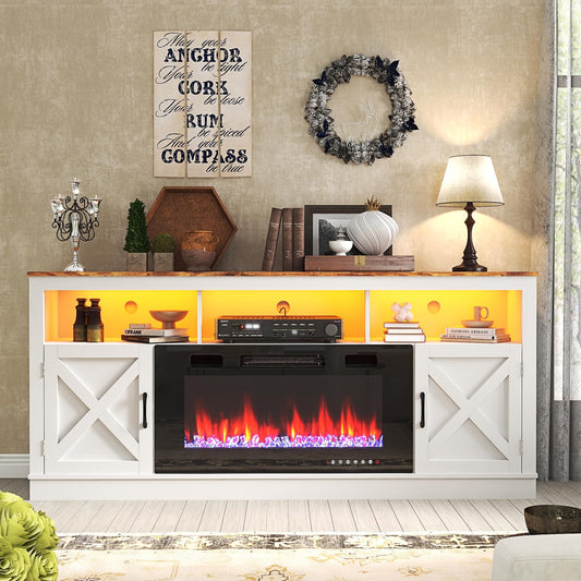 jiteentarou Farmhouse Fireplace TV Stand for 70/75/80 Inch TV, 32”Tall Entertainment Center w/ 36”Electric Fireplace and LED Light, 70”Media Console w/Barn Door Cabinet for Living Room, White