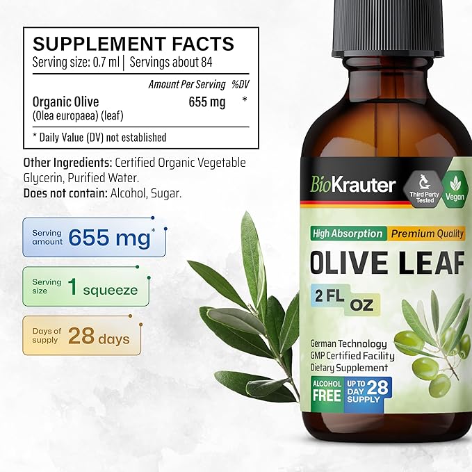 BIO KRAUTER Olive Leaf Extract Liquid - Olive Leaf Tincture for Immune Support - Alcohol and Sugar Free - Vegan Drops 2 Fl.Oz.
