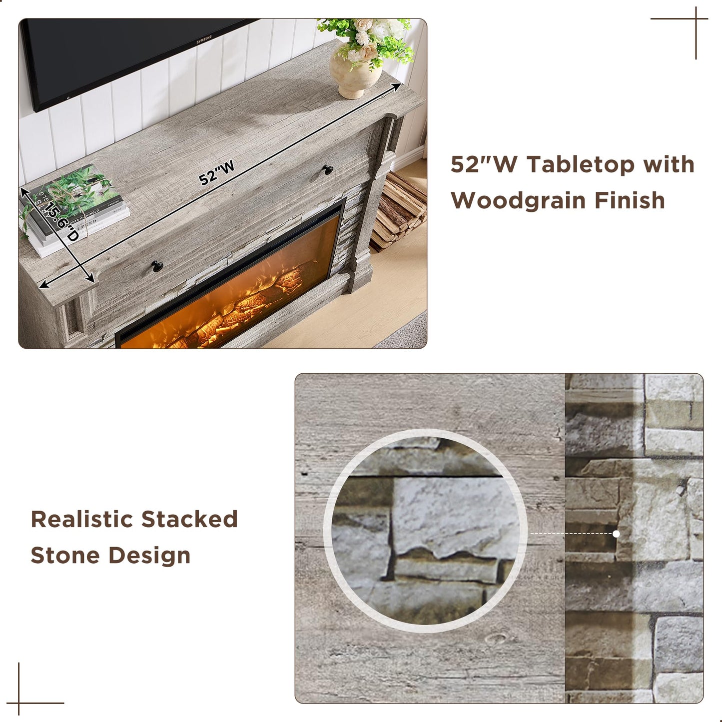 RedLemon 52'' Electric Fireplace with Mantel, Farmhouse Entertainment Center w/36 Electric Fireplace & Sime-Open Cubby for Living Room, Light Rustic Oak