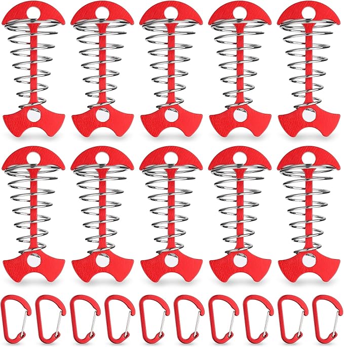TOBWOLF 10PCS Red Deck Anchor Pegs with Carabiners, Windproof Aluminum Deck Tie Down Spring Tent Stakes, Camping Outdoor Fishbone Tent Anchors Tent Rope Tensioner Guyline Cord Adjuster Tent Pegs