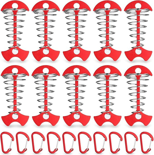 TOBWOLF 10PCS Red Deck Anchor Pegs with Carabiners, Windproof Aluminum Deck Tie Down Spring Tent Stakes, Camping Outdoor Fishbone Tent Anchors Tent Rope Tensioner Guyline Cord Adjuster Tent Pegs