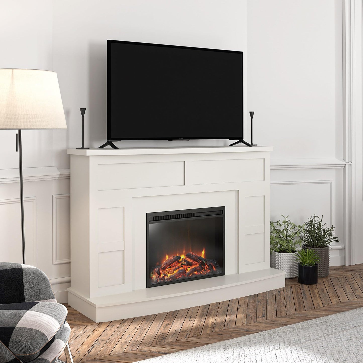 Ameriwood Home Barrow Creek 53.5 Inch Electric Fireplace with Mantel, Replaceable Fireplace Insert Heater, Remote Control, Timer, Realistic Log and Flame Effect, for Living Room or Bedroom, White